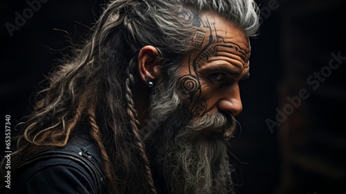 A mysterious man with long hair, a bushy beard, and a bold tattoo on his face stares defiantly, his weathered skin and deep wrinkles creating an arresting portrait of strength and resilience