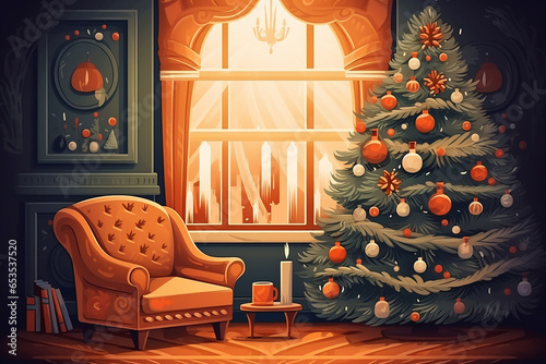 living room with christmas tree photo