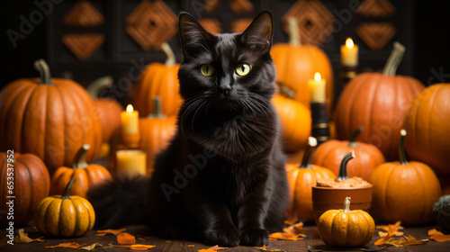 On halloween night, a mysterious black cat perched atop a pile of vibrantly-colored pumpkins, beckoning us to enter a world of whimsy and enchantment © Envision