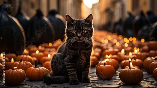A fluffy feline lounges in front of a patch of vibrant pumpkins, its gaze hinting at a sense of curiosity and enchantment amidst the seasonal spirit of halloween