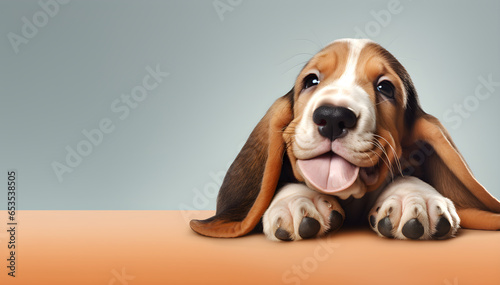 Tablou canvas Cute Basset Hound dog puppy on bright pastel background