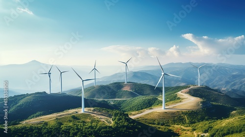 A Clean energy industry: Green energy wind farms on high mountains, aerial photography