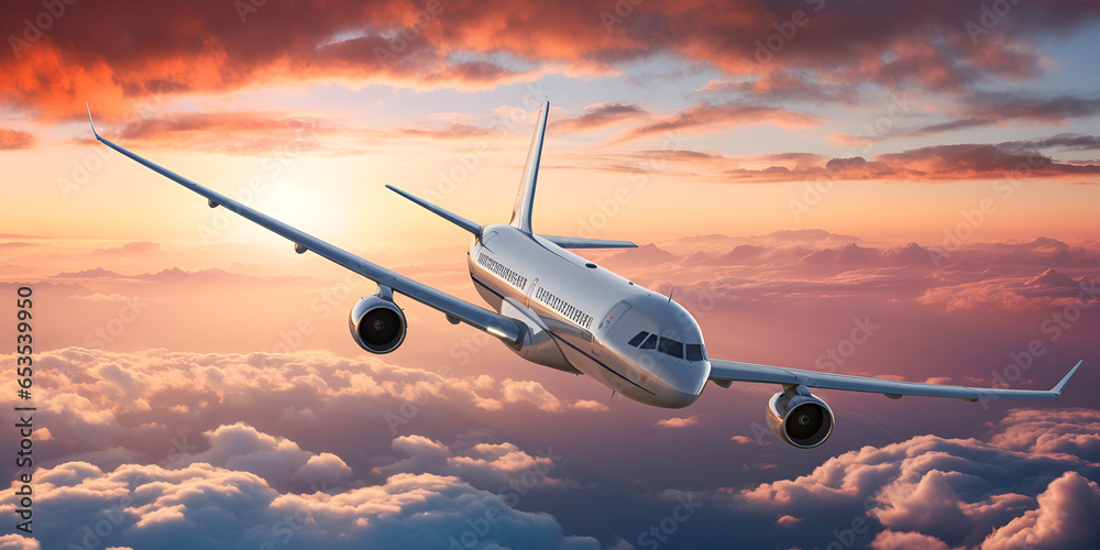 Fototapeta premium Passenger airplane flying airplane above the clouds horizon sky with bright sunset colors