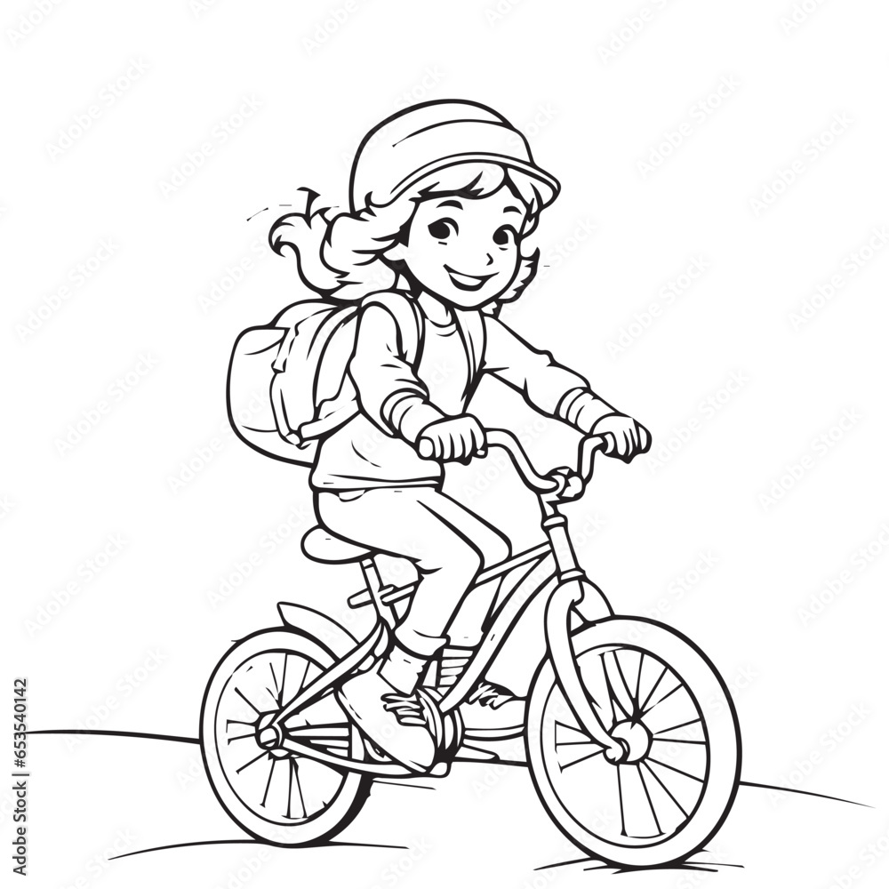 Girl riding a bicycle line art coloring page vector illustration Stock ...