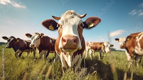 Close - up of a herd of barbarian cows grazing on the rich green pasture in the morning
