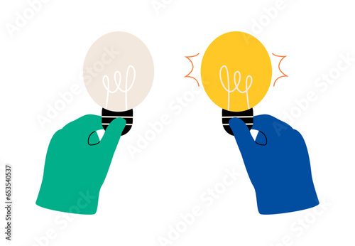 Hands with bulb. New ideas and old ideas concept. Colorful vector illustration