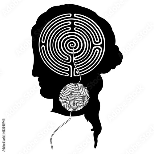Round spiral maze or labyrinth symbol and a yarn ball inside woman's head. Ariadne thread. Ancient Greek mythological symbol. Black and white silhouette.