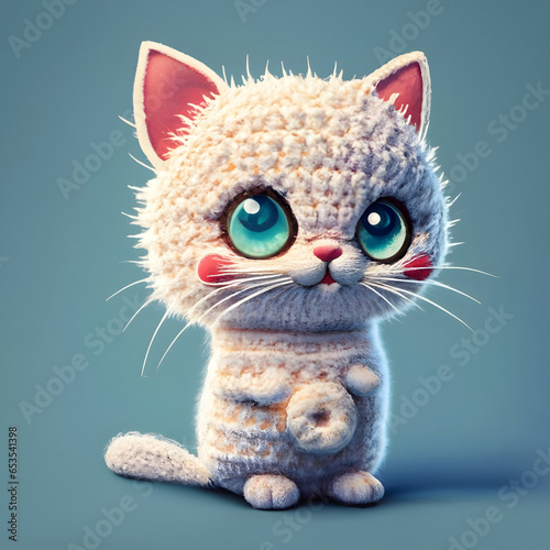 Cute chibi white cat, highlighted crochet, 3d rendering, Kitten in Colorful Hoodie Sweater.