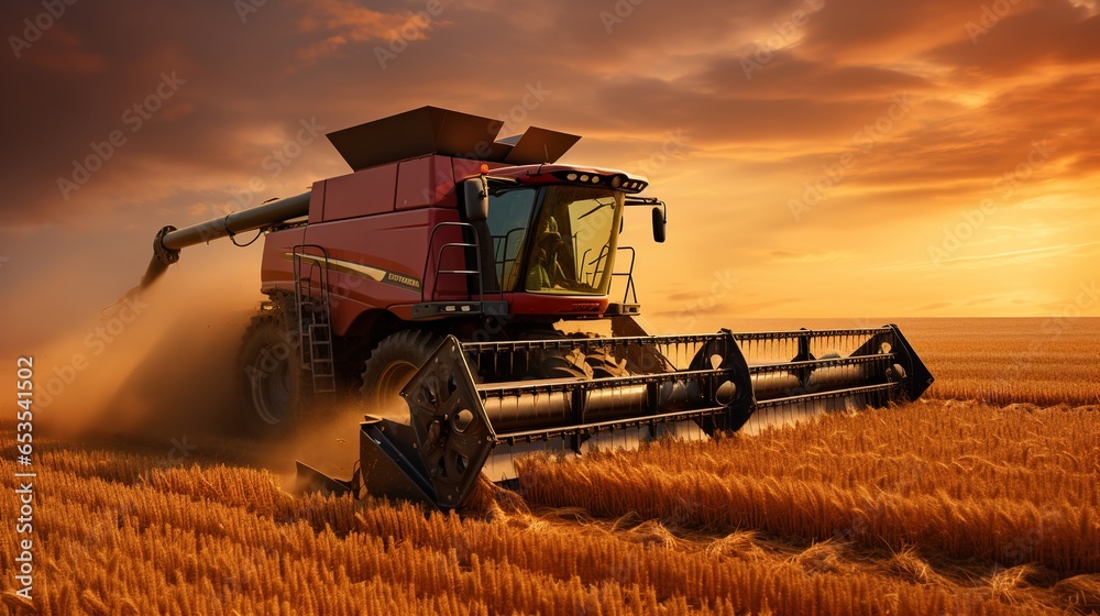 Fototapeta premium A Combine harvester harvests ripe wheat. Ripe ears of gold field on the sunset cloudy orange sky background. Concept of a rich harvest.