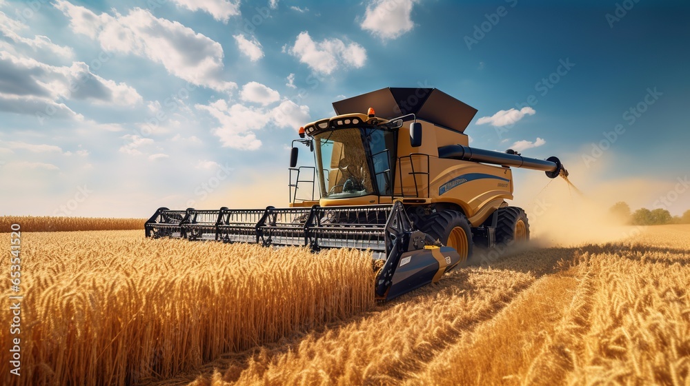 Fototapeta premium A Combine harvester harvests ripe wheat. Ripe ears of gold field on the sunset cloudy orange sky background. Concept of a rich harvest.