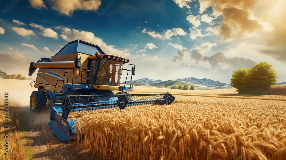 Fototapeta premium A Combine harvester harvests ripe wheat. Ripe ears of gold field on the sunset cloudy orange sky background. Concept of a rich harvest.