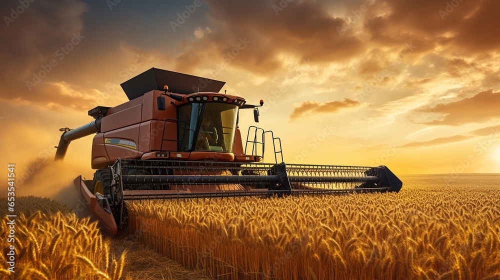 Fototapeta premium A Combine harvester harvests ripe wheat. Ripe ears of gold field on the sunset cloudy orange sky background. Concept of a rich harvest.