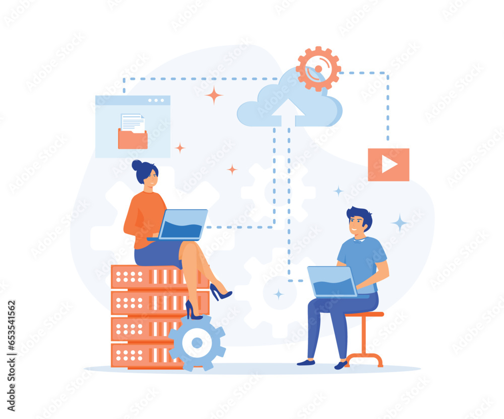 Cloud computing concept, Man and woman processing information at laptops using cloud technology, data storage and backup, flat vector modern illustration