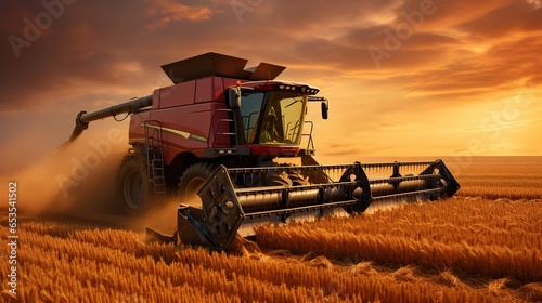 A Combine harvester harvests ripe wheat. Ripe ears of gold field on the sunset cloudy orange sky background. Concept of a rich harvest.