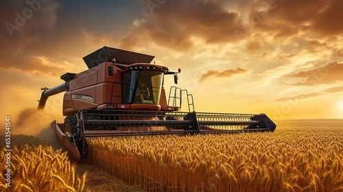 A Combine harvester harvests ripe wheat. Ripe ears of gold field on the sunset cloudy orange sky background. Concept of a rich harvest.