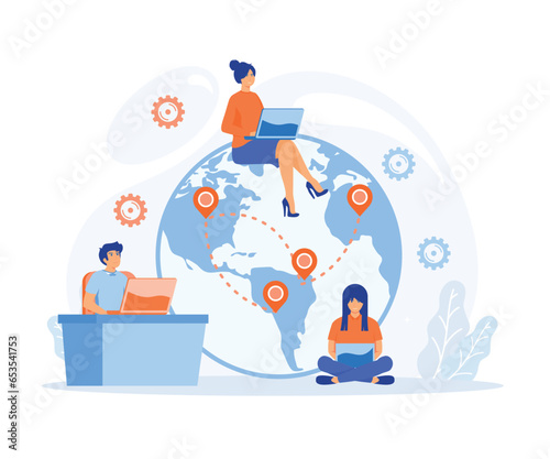 Work outsourcing and telecommuting concept. Business process outsourcing, outplacement, offshore software development, flat vector modern illustration