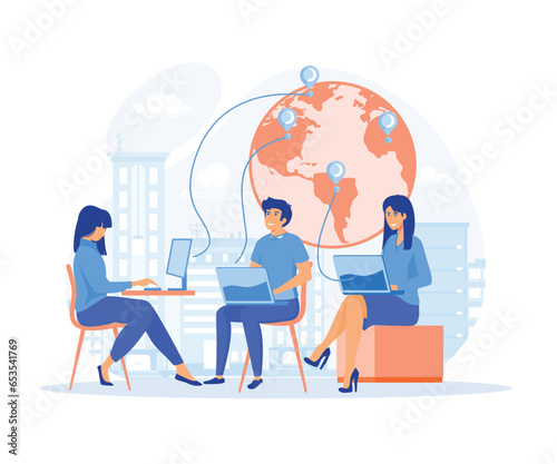 Outsourcing company concept, Remote workers work together on project scene, Company with remote management, flat vector modern illustration
