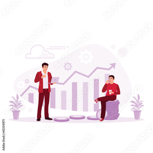 A businessman is sitting on a pile of coins, and another businessman is looking at money on a laptop that keeps increasing. Passive Income concept. Trend Modern vector flat illustration
