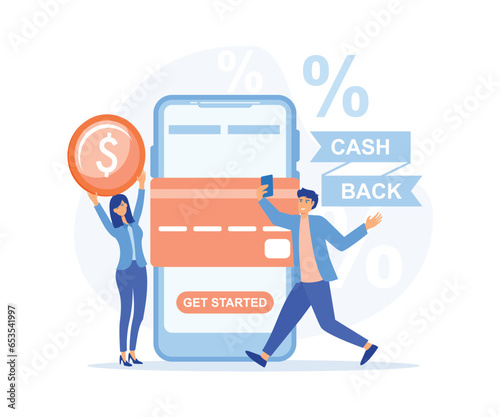 Online cash back or money refund concept. Happy people receiving cashback for shopping. Big phone with button get started the cashback, flat vector modern illustration