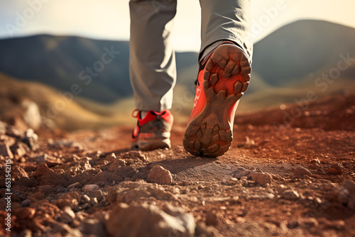 Close up of male hikers shoes on a mountain desert trail path