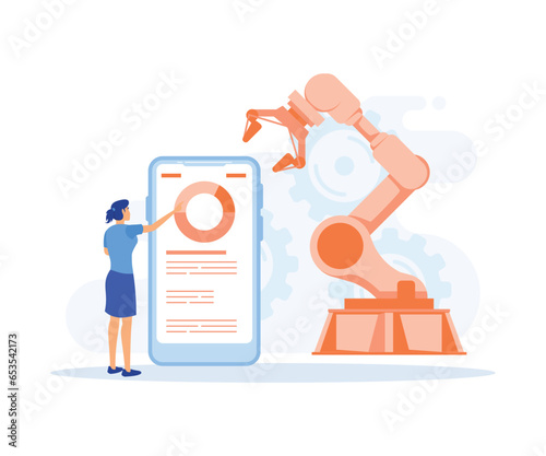 Smart industry, Smart intelligence technology in industrial factory. Characters wearing virtual reality headsets engineering, flat vector modern illustration