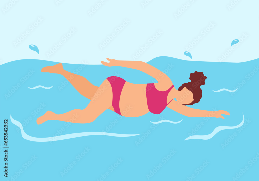 Pregnant woman swimming in a pool flat design.
