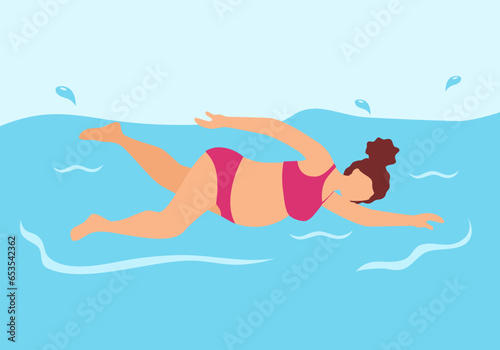 Pregnant woman swimming in a pool flat design.