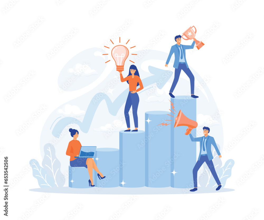 Business development plan for improvement, teamwork help growing revenue, growth and achievement, team strategy for business success, flat vector modern illustration