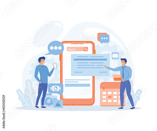 business team working concept, digital mobile application development and design process, flat vector modern illustration