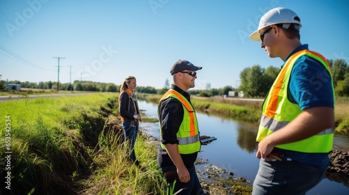 Natural Water Sources maybe Contaminated by Toxic Waste or Suspicious Pollution Sites. The Environmental Engineers Inspect Water Quality and Take Water Samples Notes in The Field Near Farmland.