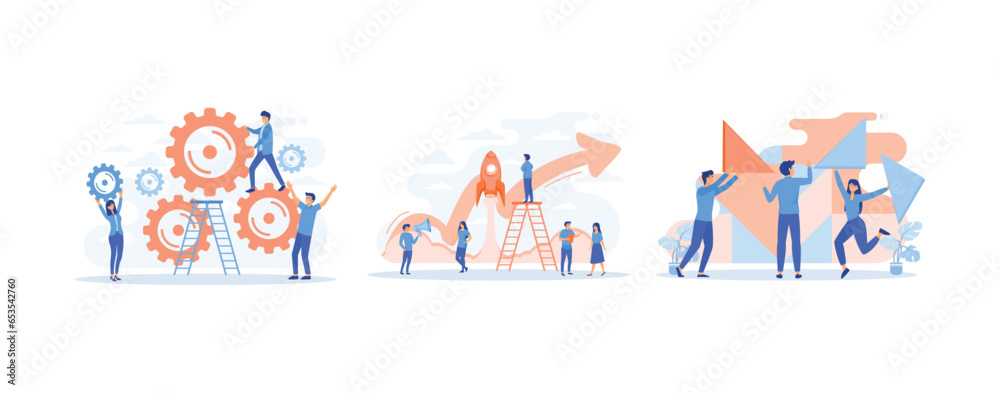 mechanism teamwork. Skill job cooperation coworker person. Group company process development structure workforce,  set flat vector modern illustration  