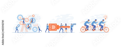 Business people working together in team, Businessman and entrepreneur go to the door with a key,  Business Team Riding Tandem Bicycle,  set flat vector modern illustration