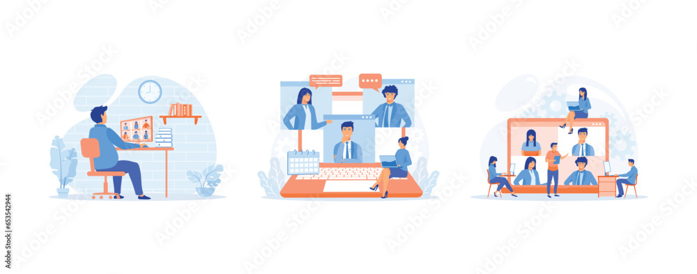 video conference, remote work, technology concept, Worker using computer for collective virtual meeting and group video conference, set flat vector modern illustration