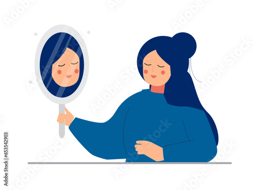 A young woman looks at her reflection in the mirror with sadness. Body Dysmorphic Disorder concept. Vector illustration.