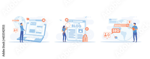 Blog promotion mistake. Inefficient SEO optimization. Ineffective keywords analysis. Content production without SEO content audit. set flat vector modern illustration