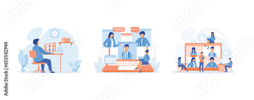 video conference, remote work, technology concept, Worker using computer for collective virtual meeting and group video conference, set flat vector modern illustration