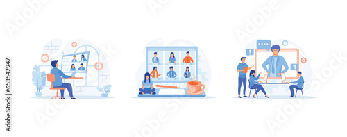 work from home and work from anywhere concept, people connecting together, video conference remote working on laptop computer, set flat vector modern illustration