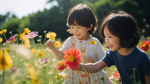 コスモス畑で遊ぶ日本人の子どもたち