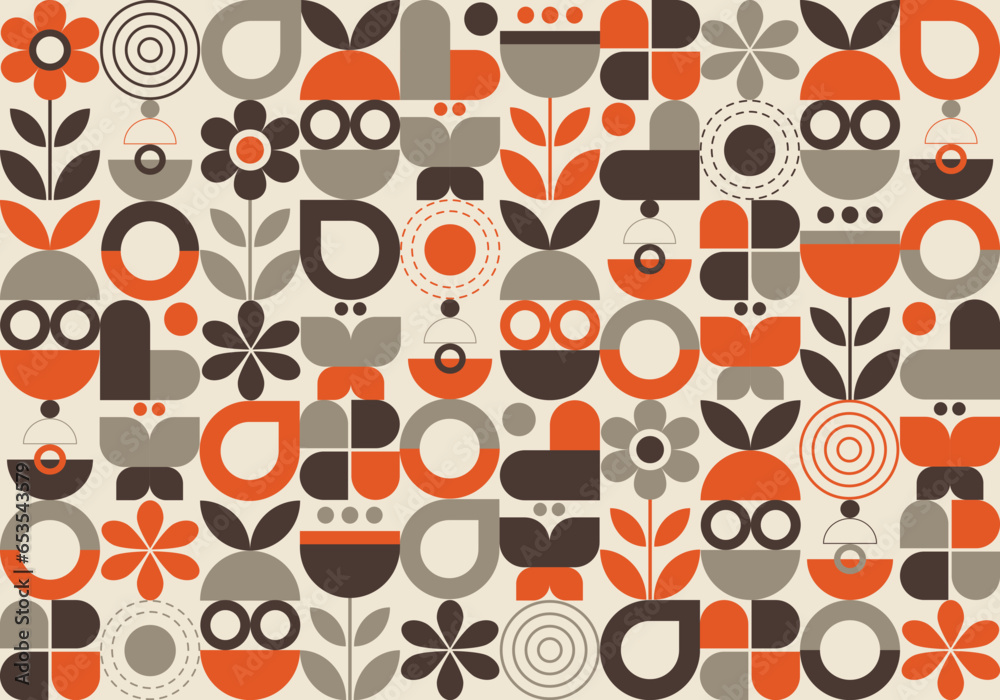 Abstract geometric background. Pattern design with the simple shape of circles and curves in gray brown, and orange on a beige background. Neo geometric. Vector Illustration.