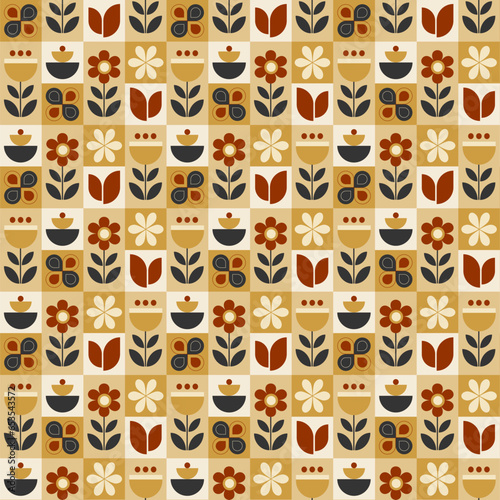 Abstract geometric seamless pattern. Mosaic design with the simple shape of flowers in black red, and yellow on a square blocks backgrounds. Neo geometric. Vector Illustration.