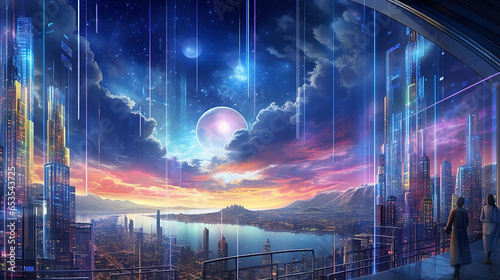 Virtual Heaven: A futuristic cityscape built by AI where technology, spirituality, and nature coalesce. It embodies aspects, artwork, and iconography from all the religions on Earth - Towering skyscra photo