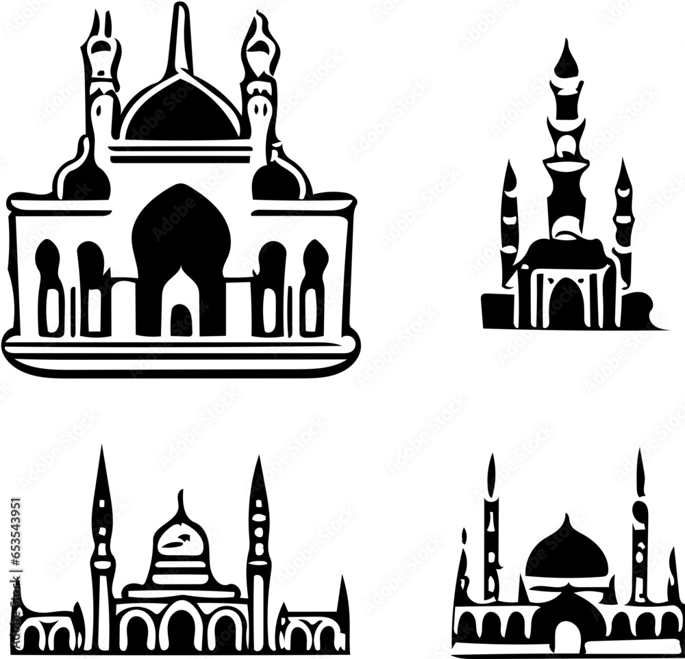 Set of vector illustrations of mosque, muslim prayer, svg drawing of masjid