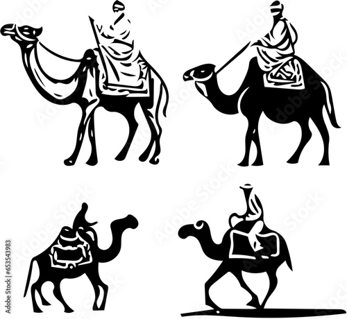 Set of vector illustrations of a man riding a camel in black and white, Arabian camel drawing