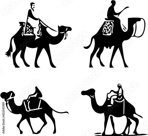 Set of vector illustrations of a man riding a camel in black and white, Arabian camel drawing