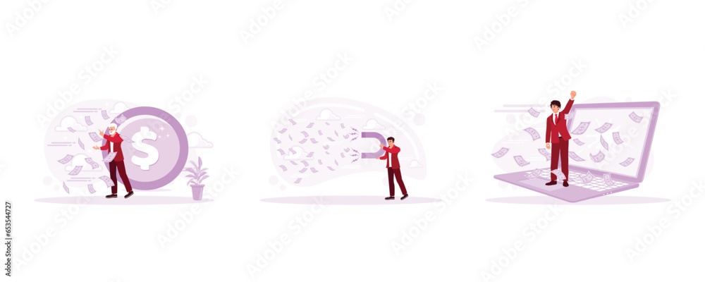 Obraz premium Throwing and scattering money into the air. Attract money with a big magnet. Earn much money from laptops. Earning Money concept. Set Trend Modern vector flat illustration