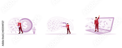 Throwing and scattering money into the air. Attract money with a big magnet. Earn much money from laptops. Earning Money concept. Set Trend Modern vector flat illustration