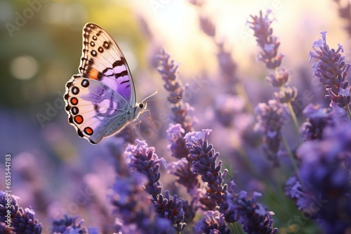 A closeup of lavender butterfly amid purple flowers in misty morning light, in a beautiful garden. Generative AI © William
