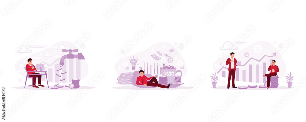 Money drips from the water tap. A large mug filled with money. Seeing the cash on laptops continue to increase. Passive Income concept. Set Trend Modern vector flat illustration