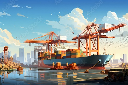 Illustration of a panoramic cargo port featuring a crane. Generative AI