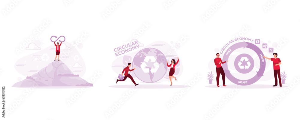 Holds a symbol of the economy of infinity. Standing in front of a globe with a circular economy symbol. Take, make, resume. Circular Economy concept. Set Trend Modern vector flat illustration